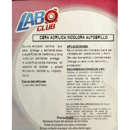 Cera Liquida Autobrillo 18% incolora 1 Litro